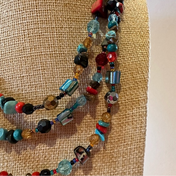 Multi-color Genuine Gemstone & Acrylic Bead Necklace, multistrand red blue brown - Picture 6 of 11
